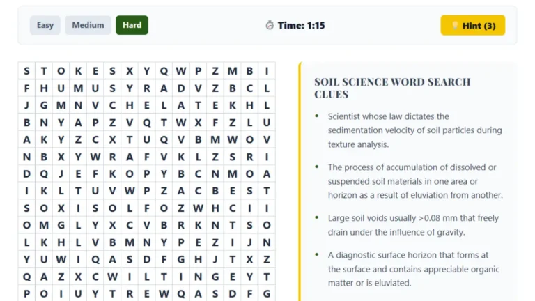 Soil Science Word Search Challenge: Find 12 Words From Clues
